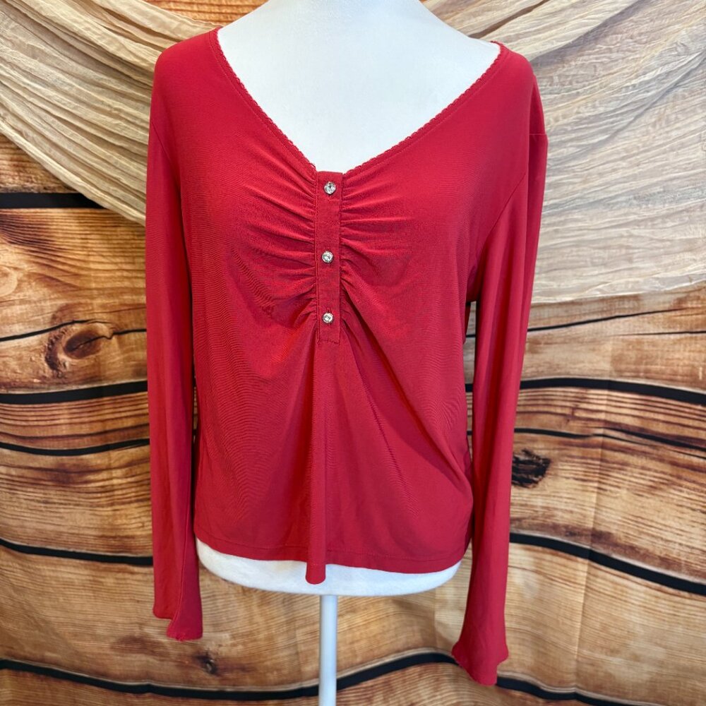 Oscar DeLa Renta Womens Red Long Sleeve V‎ Neck Jeweled Button Pullover Top Sz L